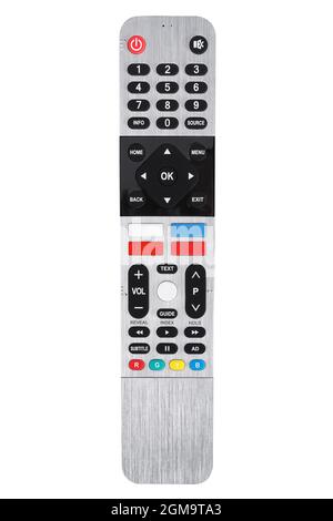Remote control from a modern gray TV isolated on white background. TV remote control Stock Photo
