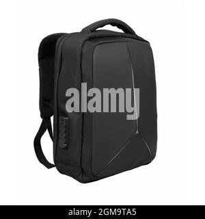 Modern black laptop backpack with combination lock isolated on white background. Stock Photo