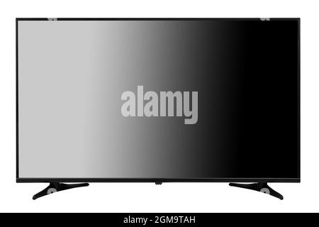 Black modern flat TV isolated on white background. Frontal view. Stock Photo