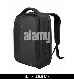 Black backpack with dedicated laptop compartment with charging and headphone jack isolated on white background Stock Photo