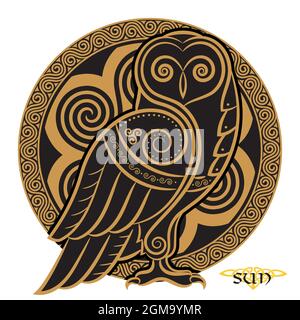 Owl hand-drawn in Celtic styl, on the background of the Celtic moon ornament Stock Vector