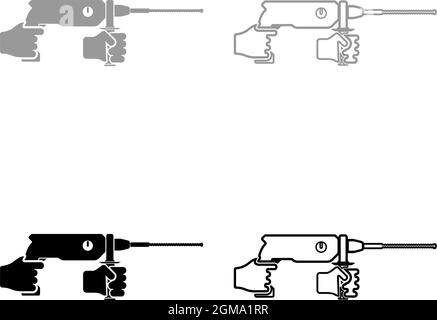 Electric rotary hammer drill in hand holding tool use Arm using Power tool set icon grey black color vector illustration flat style simple image Stock Vector