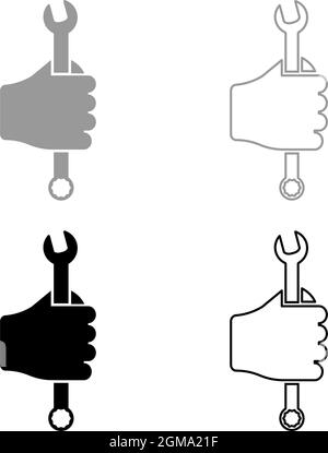 Wrench hexagon in hand tool in use Arm Spanner Mechanic engineer instrument set icon grey black color vector illustration flat style simple image Stock Vector