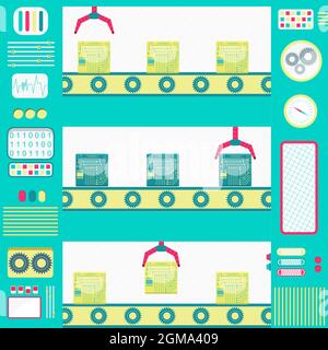Colorful and cute chips factory with machines, conveyor and gripper. Flat design. Stock Vector
