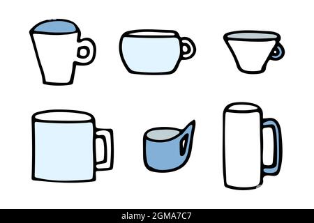 Vector illustration of mugs of different shapes in doodle style. Stock Vector