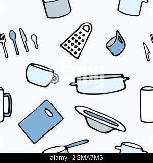 Pattern with kitchen utensils on a blue background. Cutting board, plate, food cutlery, mug, fork, knife, spoon, grater, saucepan, frying pan, ladle. Stock Vector
