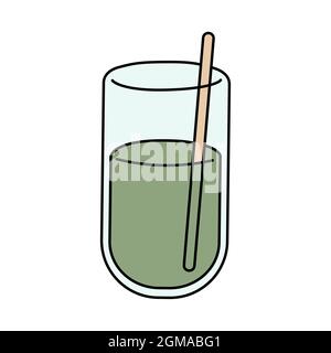 Glass of freshly squeezed juice in doodle style. Vector illustration isolated on white background. Cartoon green smoothie or cocktail. Sign for sticke Stock Vector