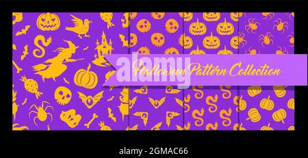 Halloween seamless patterns background set. Vector pattern collection with holiday halloween elements of witch, pumpkin lantern, skull, cauldron, spid Stock Vector