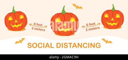 Coronavirus social distancing Halloween banner with cute cartoon pumpkin lanterns characters. Holidays positive infographic vector flyer with announce Stock Vector