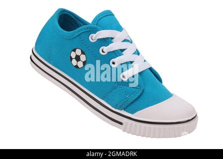 blue canvas shoe with football logo on it isolated on white background Stock Photo