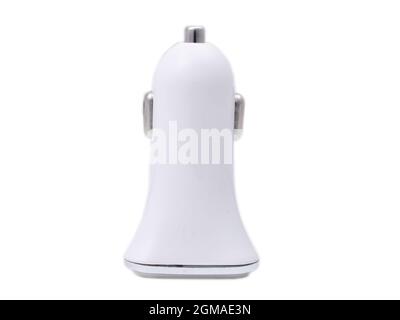 white usb car charger for devices  isolated on white background Stock Photo