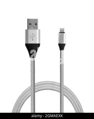 USB Micro cables isolated on white background, silver premium cable. Stock Photo