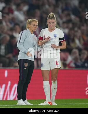 Southampton, UK. 17th Sep, 2021. England head coach (manager) Sarina Petronella Wiegman & Leah Williamson (Arsenal) of England Women during the Women's World Cup UEFA Qualifier match between England Women and North Macedonia at St Mary's Stadium, Southampton, England on 17 September 2021. Photo by Andy Rowland. Credit: PRiME Media Images/Alamy Live News Stock Photo
