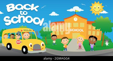 Happy student children going back to school in a sunny day. Vector cartoon  illustration Stock Vector Image & Art - Alamy