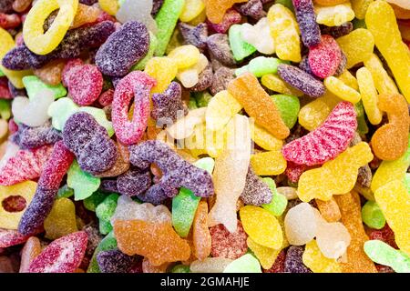 Assorted gummy candies. Top view. Jelly sweets. Stock Photo