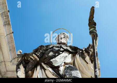 Montecassino Abbey -Italy - August 29-2021 -statue of St. Benedict against blue sky  , Benedictine monastery Stock Photo