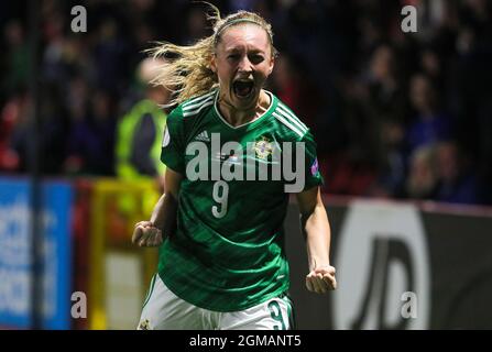 Northern Ireland's Lauren Wade celebrates scoring their side's fourth goal of the game during the UEFA Qualifier match at Inver Park, Larne. Picture date: Friday September 17, 2021. See PA story SOCCER N Ireland Women. Photo credit should read: Brian Lawless/PA Wire. RESTRICTIONS: Use subject to restrictions. Editorial use only, no commercial use without prior consent from rights holder. Stock Photo