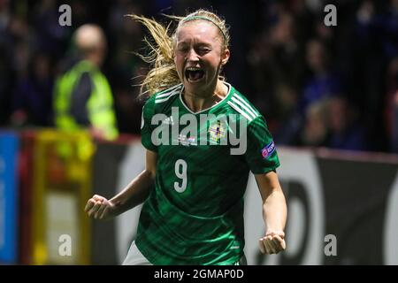 Northern Ireland's Lauren Wade celebrates scoring their side's fourth goal of the game during the UEFA Qualifier match at Inver Park, Larne. Picture date: Friday September 17, 2021. See PA story SOCCER N Ireland Women. Photo credit should read: Brian Lawless/PA Wire. RESTRICTIONS: Use subject to restrictions. Editorial use only, no commercial use without prior consent from rights holder. Stock Photo