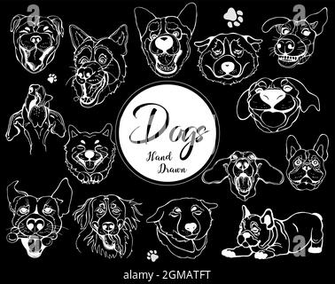 Set of hand drawn sketch style dog faces isolated on black background. Vector illustration. Stock Vector