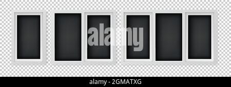 Set of different size plastic windows. Single, double and triple pane casement windows. White window pane frame with dark pane for outdoor interior Stock Vector