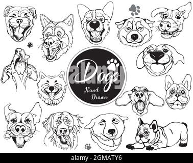 Set of hand drawn sketch style dog faces isolated on white background. Vector illustration. Stock Vector