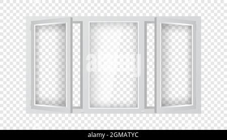 Large plastic window with half open casements. Triple plastic window mockup template. Realistic windowpane frame with transparent glass for outdoor Stock Vector