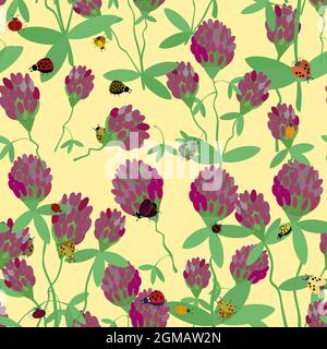 seamless pattern ladybugs and pink clover flowers Stock Vector