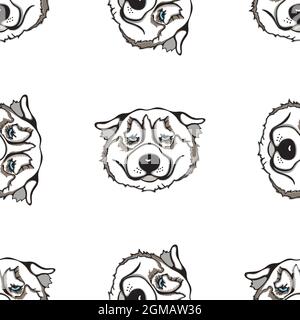 Seamless pattern of hand drawn sketch style portraits of Husky isolated on white background. Vector illustration. Stock Vector