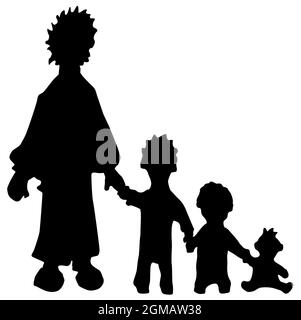 Family single parent figure silhouette stencil black, vector illustration, horizontal, over white, isolated Stock Vector