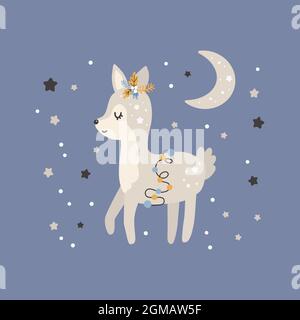 Cute christmas deer. Vector print in scandinavian style. Hand drawn vector illustration for posters, cards, t-shirts. Stock Vector