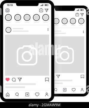 Kyiv, Ukraine - August 1, 2021: Set of phone presentation with Instagram interface. Smartphone with UI, UX interface mockup for presentation template Stock Vector