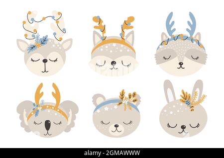 Collection of Christmas cute animals, merry Christmas illustrations of deer, fox, raccoon, hare, cat and koala with winter accessories. Scandinavian s Stock Vector