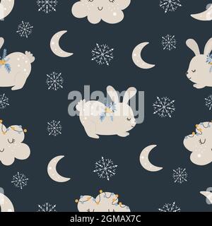 Christmas pattern with rabbit scandinavian hand drawn seamless pattern. New Year, Christmas, holidays texture with fir tree for print, paper, design, Stock Vector