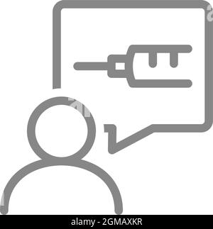 Medical syringe in speech buble with user line icon. Injection, vaccination of the population, immunization symbol Stock Vector