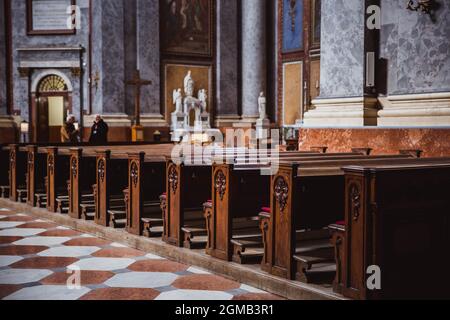 Benches in the Catholic Church of the Esztergom Basilica in Esztergom, Hungary, Europe Stock Photo