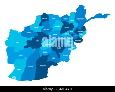 Blue political map of Afghanistan. Administrative divisions - provinces. Simple flat vector map with labels. Stock Vector