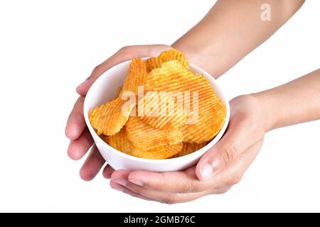 Chips Bowl in Hand Isolated on White Background with Clipping Path Stock Photo