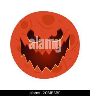 Red moon with carved scary spooky jack-o-lantern creepy toothy smile face. Evil happy halloween holiday celebration symbol on lunar surface. Vector eps illustration isolated on white background Stock Vector