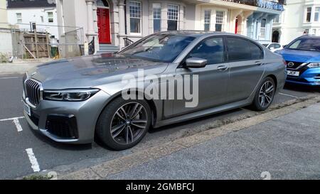 A 2021 registered BMW 745 E car parked in Plymouth, Devon, England, UK. Stock Photo