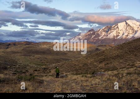 Dawn overlooking the Torres del Paine, Patagonia Stock Photo