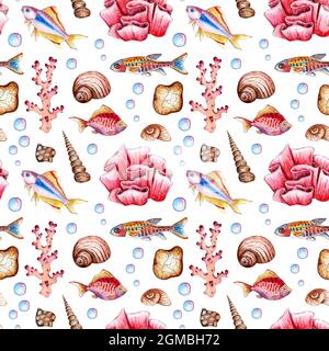 Watercolor illustration of a marine pattern of fishes, seashells, corals, bubbles. Seamless repeating underwater life print. Aquarium colored fish. Is Stock Photo