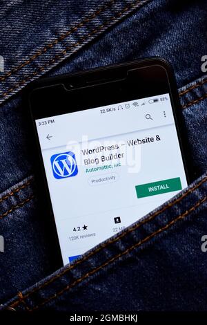 Delhi, india, May 13, 2019: wordpress web development platform application on smartphone, wordpress app on playstore Stock Photo