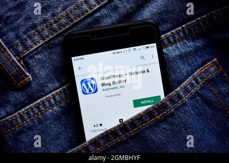 Delhi, india, May 13, 2019: wordpress web development platform application on smartphone, wordpress app on playstore Stock Photo
