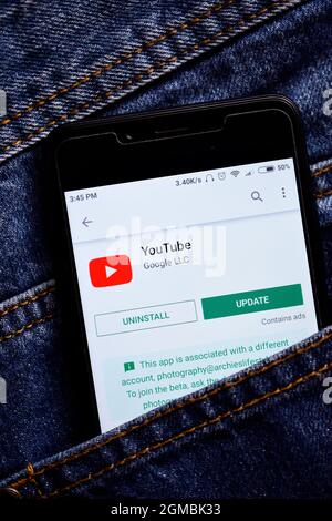 Delhi, India, May 13, 2019: YouTube application on smartphone in jeans pocket, YouTube app on play store Stock Photo