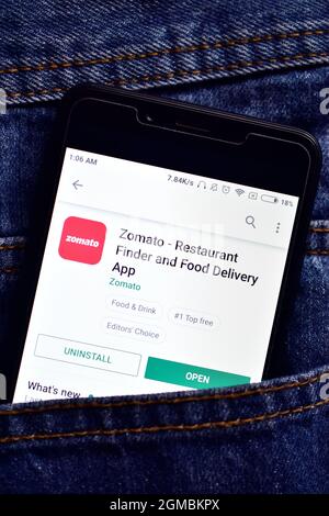 Delhi, India, May 13, 2019: Zomato food delivery app on smartphone Stock Photo