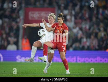 Southampton, UK. 17th Sep, 2021. Millie Bright (Chelsea) of England Women & Gentjana Rochi (KuPS) of FYR Macedonia Women during the Women's World Cup UEFA Qualifier match between England Women and North Macedonia at St Mary's Stadium, Southampton, England on 17 September 2021. Photo by Andy Rowland. Credit: PRiME Media Images/Alamy Live News Stock Photo