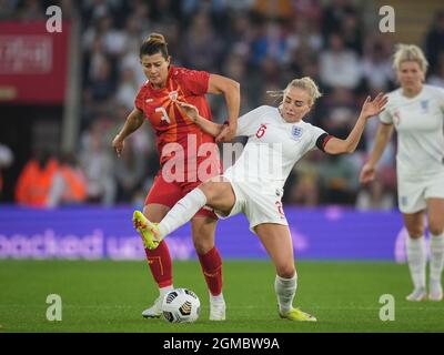 Southampton, UK. 17th Sep, 2021. Alex Greenwood (Manchester City) of England Women & Gentjana Rochi (KuPS) of FYR Macedonia Women during the Women's World Cup UEFA Qualifier match between England Women and North Macedonia at St Mary's Stadium, Southampton, England on 17 September 2021. Photo by Andy Rowland. Credit: PRiME Media Images/Alamy Live News Stock Photo