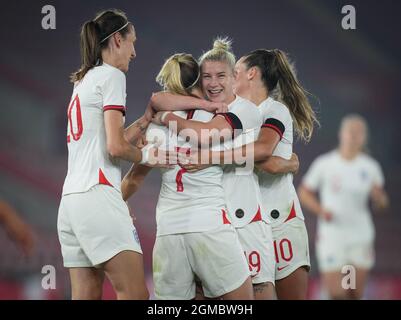 Southampton, UK. 17th Sep, 2021. Bethany England (Chelsea) of England Women is congratulated on scoring a goal during the Women's World Cup UEFA Qualifier match between England Women and North Macedonia at St Mary's Stadium, Southampton, England on 17 September 2021. Photo by Andy Rowland. Credit: PRiME Media Images/Alamy Live News Stock Photo
