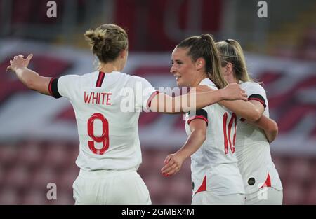 Southampton, UK. 17th Sep, 2021. Celebrations after Ella Toone (Manchester United) of England Women opening goal during the Women's World Cup UEFA Qualifier match between England Women and North Macedonia at St Mary's Stadium, Southampton, England on 17 September 2021. Photo by Andy Rowland. Credit: PRiME Media Images/Alamy Live News Stock Photo