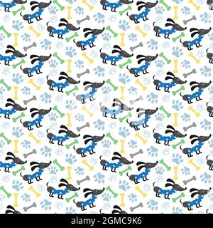 Seamless pattern with dog and bones. Dachshund in blue clothes. Stock Vector